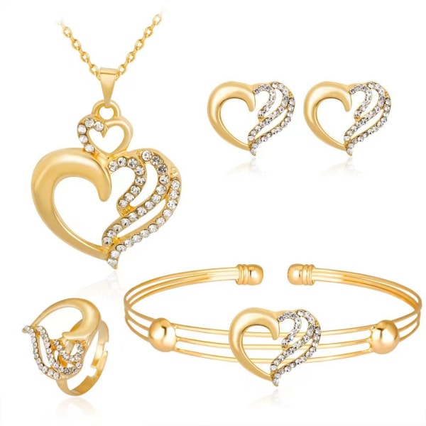 Kärlekshalsband, örhängen, ring och armband i ett set om 4, Inklusive Låda Guld
