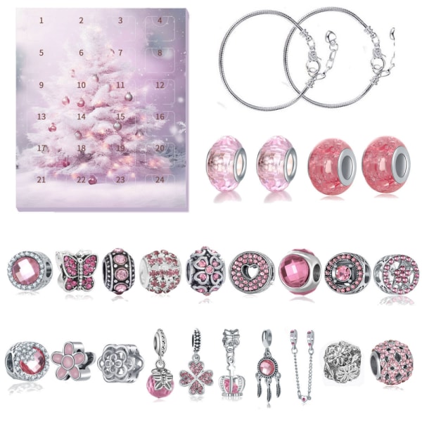 Julnedräkningskalender Pärl smycken Present DIY Charm Armband Present till henne, Inklusive Låda Rosa