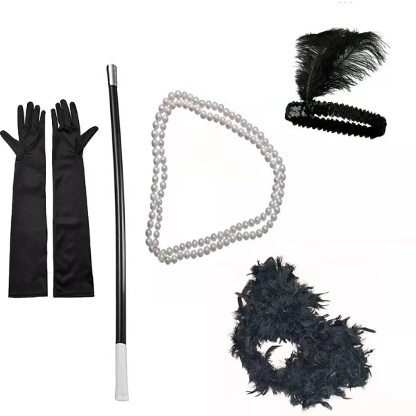 Halloween Flapper flicka klänning handske pärlhalsband fem delar set A18