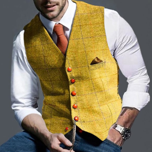 Män Galler V-ringad Enkelknäppt Slim Fit Väst Kostym Business Waistco Yellow M