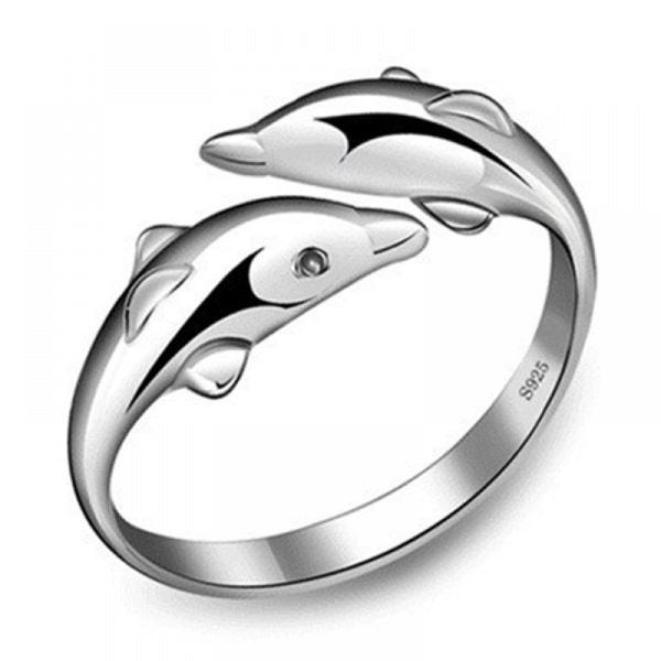 Söt och glad dubbel delfin kärleksöppningsring, Inklusive Låda silverfärgad