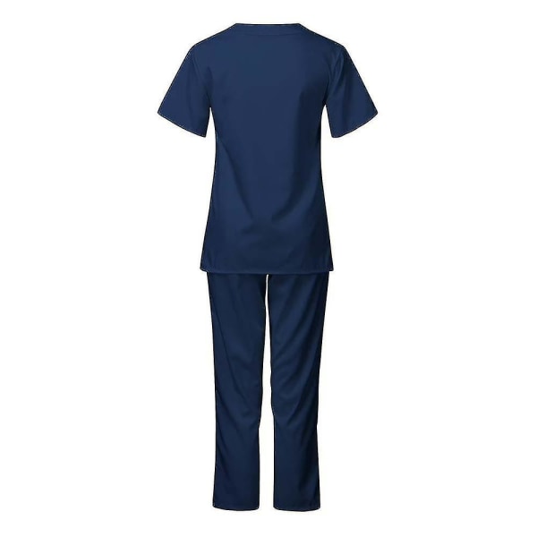 Unisex sjukhus Medical Scrub Top Byxor Uniform 2 st Set sjuksköterska Navy Blue L