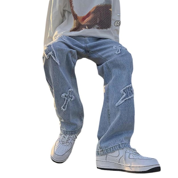 V-hanver Herr Streetwear Baggy Jeans Byxor Cross Hip Hop Herr blue M
