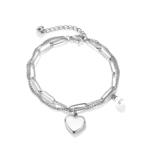 Kvinnors dubbellager Peach Heart Armband i rostfritt stål Silver, Inklusive Låda Silver