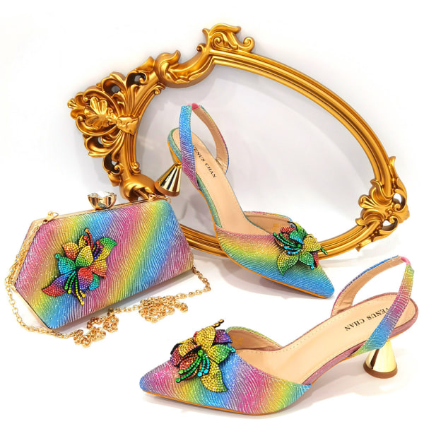 Italiensk design sko och väska Set Hög kvalitet handgjorda dam skor & matta rainbow 40