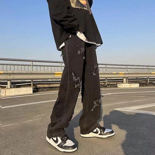 V-hanver Herr Streetwear Baggy Jeans Byxor Cross Hip Hop Herr black XL