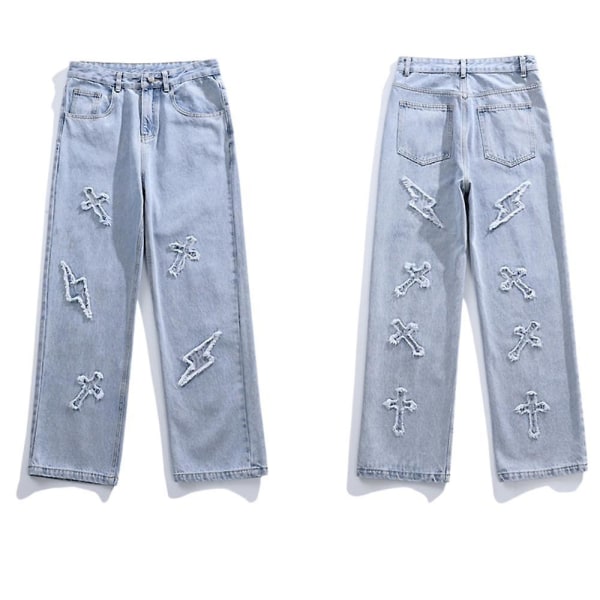V-hanver Herr Streetwear Baggy Jeans Byxor Cross Hip Hop Herr blue L