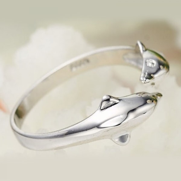 Söt och glad dubbel delfin kärleksöppningsring, Inklusive Låda silverfärgad