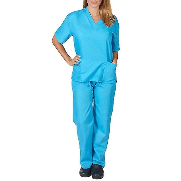 Unisex sjukhus Medical Scrub Top Byxor Uniform 2 st Set sjuksköterska Sky Blue L