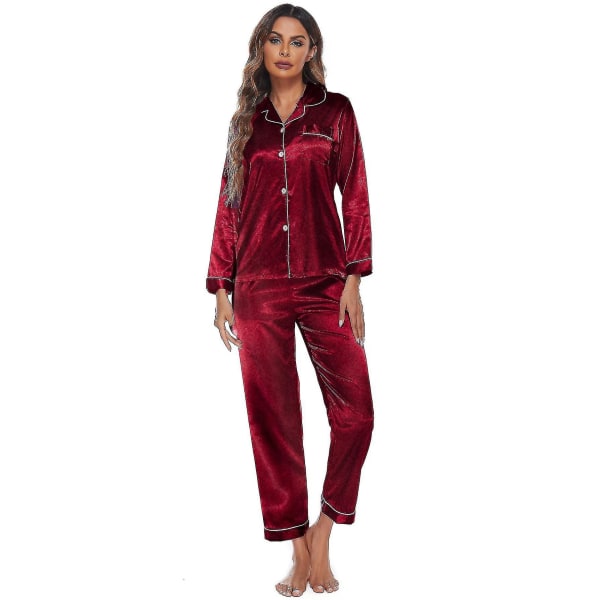 Damer Silky Satin Pyjamas Loungewear Tvådelad nattkläder Button-down Red M