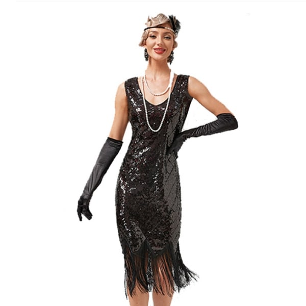 Rytande 1920-tal 1920-tal 1920-cocktailklänning retro C-kjol Black S