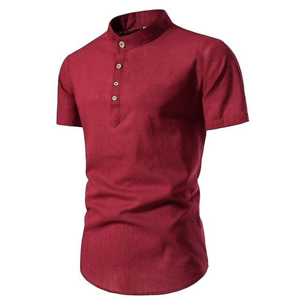 Kortärmad t-shirt för män med knappar Slim Fit sommarskjorta med ståkrage Wine Red M