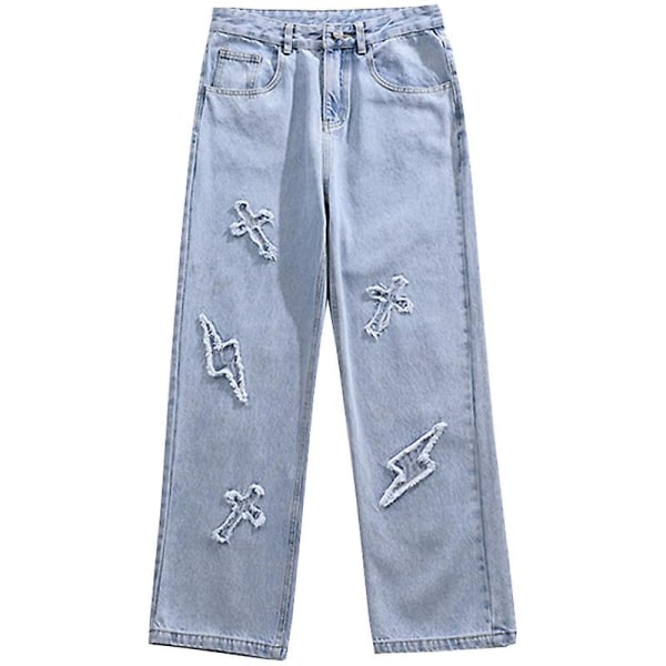 V-hanver Herr Streetwear Baggy Jeans Byxor Cross Hip Hop Herr blue L
