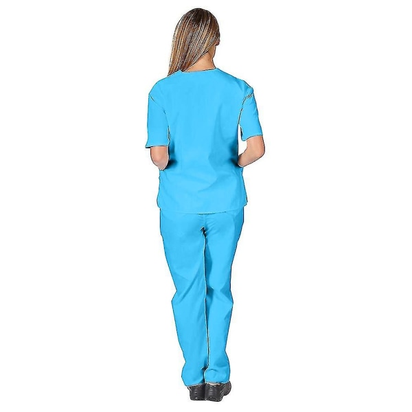 Unisex sjukhus Medical Scrub Top Byxor Uniform 2 st Set sjuksköterska Sky Blue L