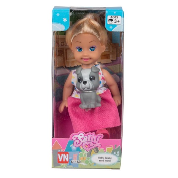 VN Leksaker Doll Docka Sally 12cm + Hund Valp Grå