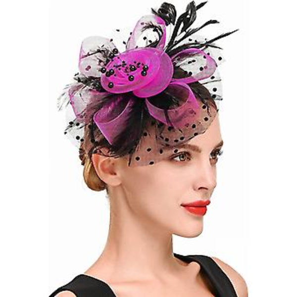 Fascinatorhatt med blommor, nätband och pärlor på ett hårband - Festlig huvudbonad - Svart