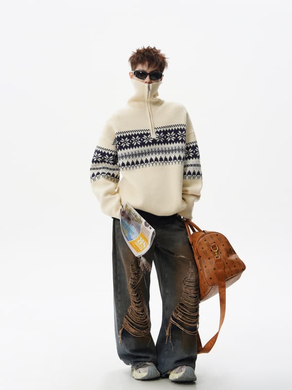 Jule Snefnug Jacquard Halv-Lynlås Turtleneck Sweater – Løs, Afslappet Strikket Pullover til Efterår/Vinter S
