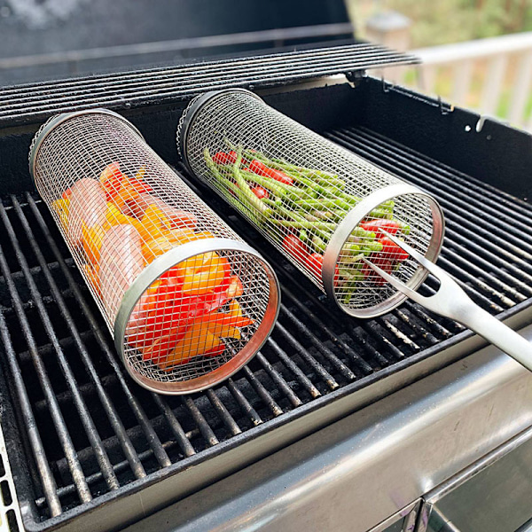 2 stk. 30 cm BBQ-netkurve i rustfrit stål, rund udendørs BBQ-røgeovn, bærbar BBQ-grill med kroge 30CM