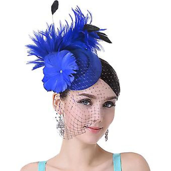 Elegant Fjäder Fascinatorhatt för Kvinnor med Slöja, Meshblomma, Cocktail- och Te-Partyhatt, Bröllop, Blå
