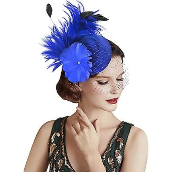 Elegant Fjäder Fascinatorhatt för Kvinnor med Slöja, Meshblomma, Cocktail- och Te-Partyhatt, Bröllop, Blå