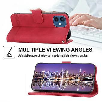 Til iPhone 12 Etui, Læder Wallet Flip Etui Med Rem Red