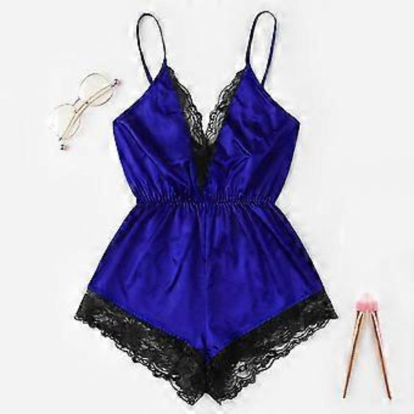 Kvinnlig sexig pyjamas V-ringad axelbandslös body i konstgjord satin med spetsbroderi, jumpsuit, nattkläder, breda ben, rygglös nattkläder (M röd)