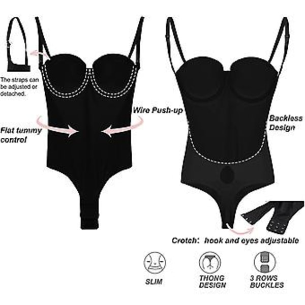 Rygglös Kroppsshaper för Kvinnor Push Up BH Låg Rygg Tanga Bodysuit-yvan Svart L