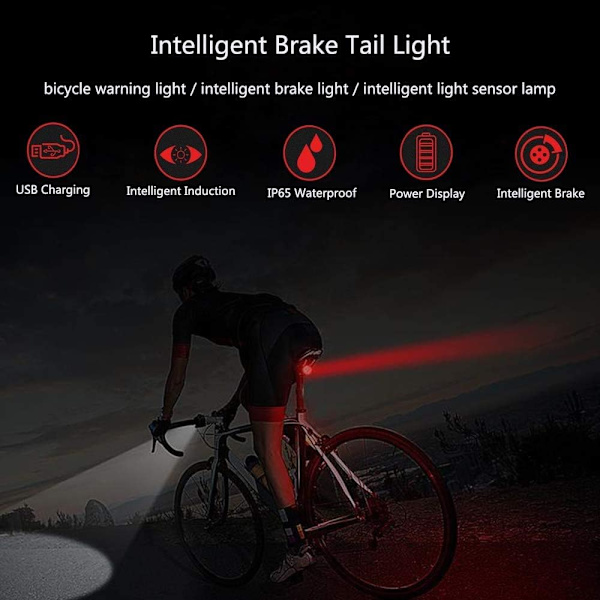 Cykelbaklampa, Smart Bromsljus, Vattentät LED-baklampa, USB
