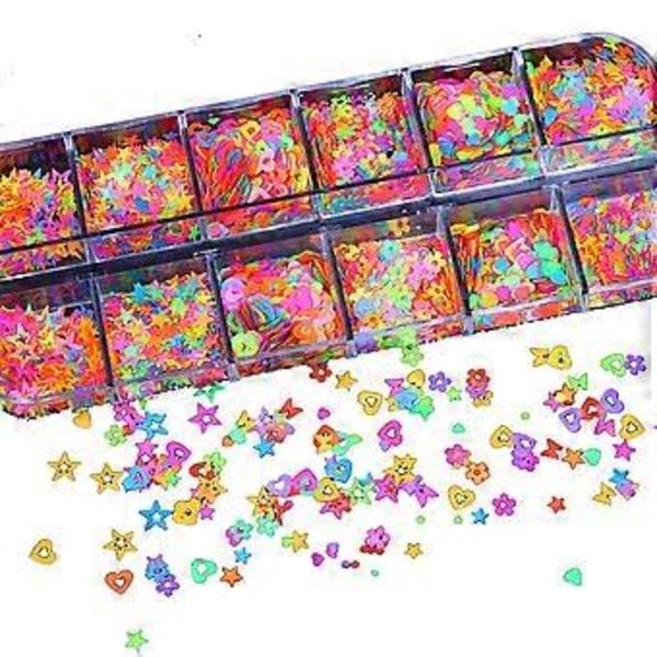 Fluorescerende Blomsterstil Negleglitter, Holografisk 3D Glitter til Kvinder Kærlighedshjerte Sommerfugl Blomster Bogstaver Stjerner Cirkel Tilbehør
