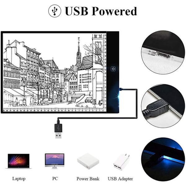 LED tegnebrett for skissering og kopiering, lite A4 lysbrett med tre dimmenivåer og USB, DIY diamant tegnebrett for anime SMALL A4