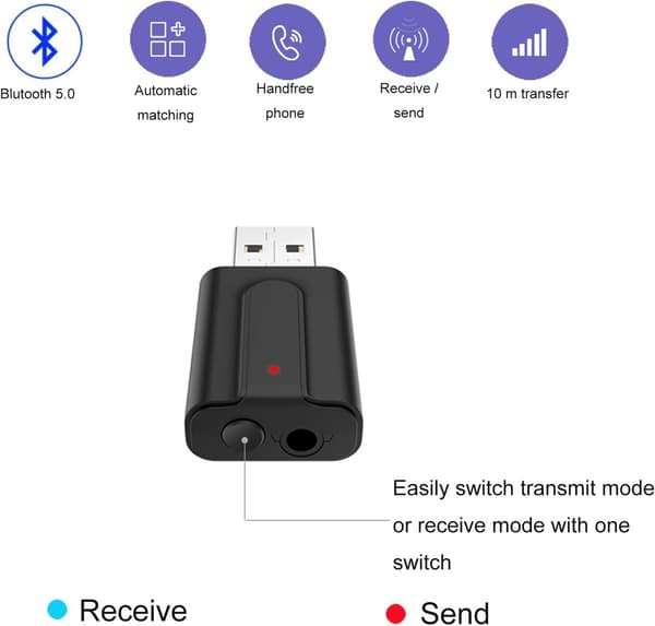 Bluetooth 5.0 -sovitin langaton USB 3-in-1-lähetin ja -vastaanotin