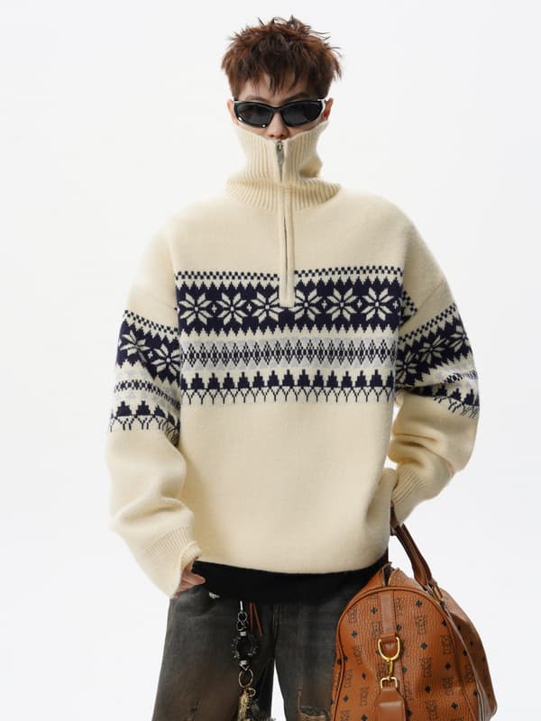 Jule Snefnug Jacquard Halv-Lynlås Turtleneck Sweater – Løs, Afslappet Strikket Pullover til Efterår/Vinter M