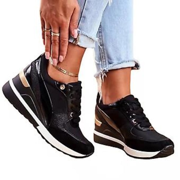 Basket Eva Glow Högklackade Kila Sneakers för Kvinnor Plattform Casual Snörskor för Dagligt Bruk (42 Svart)