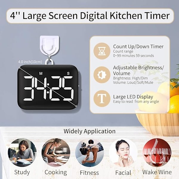 Digital kökstimer 4 tum stor LED-skärm Magnetisk timer med vit