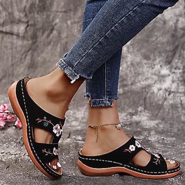 Damskor Ortopediska Bloom Sandaler Öppna Tår Plattformtofflor Sommar Strand Gummi Mjuk Sula (40 Svart)
