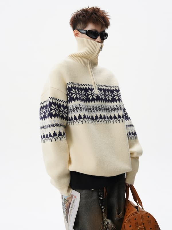 Jule Snefnug Jacquard Halv-Lynlås Turtleneck Sweater – Løs, Afslappet Strikket Pullover til Efterår/Vinter M