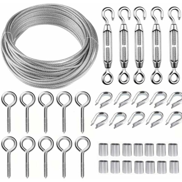 30m/2mm Rustfri Stål Wire Kit med M5 Kraftig Wire Spænder