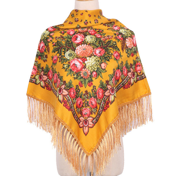 Retro kukkakuvioinen huivi, muslimihuivi painetulla tupsuhuivilla, etninen huivi, 90cm X 90cm, keltainen Yellow