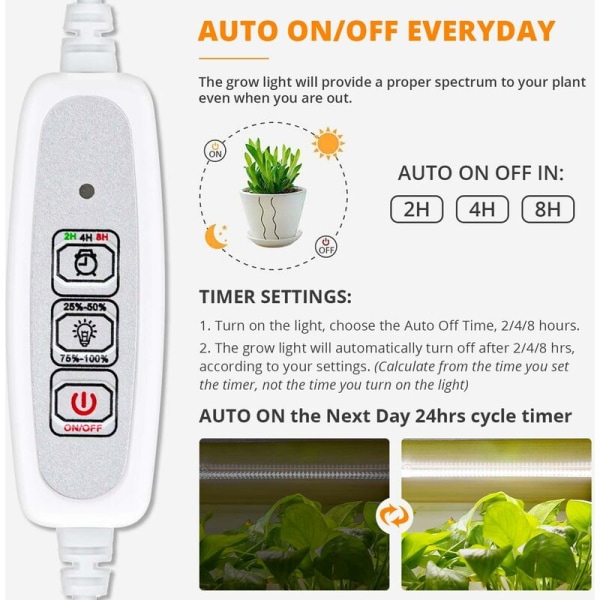 LED-växtljusremsor Full Spectrum för inomhusväxter Auto ON & OFF Timer
