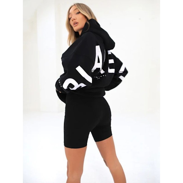 Hættetrøje, moderigtig dame hættetrøje med print, alsidig hættetrøje langærmet pullover, afslappet løs top, sort, L Black L