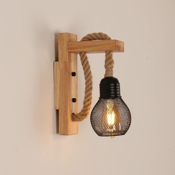 Vegglampe i tre med hampetau, industriell vintage vegglampe i tre