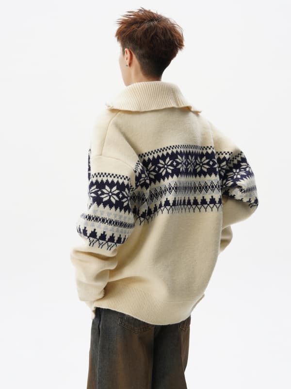 Jule Snefnug Jacquard Halv-Lynlås Turtleneck Sweater – Løs, Afslappet Strikket Pullover til Efterår/Vinter S