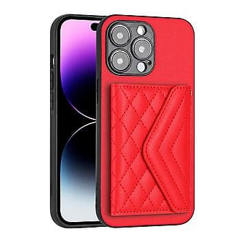 För iPhone 14 Plus Romdisk Textur Kortfack RFID Telefonfodral med Lång Snodd Red