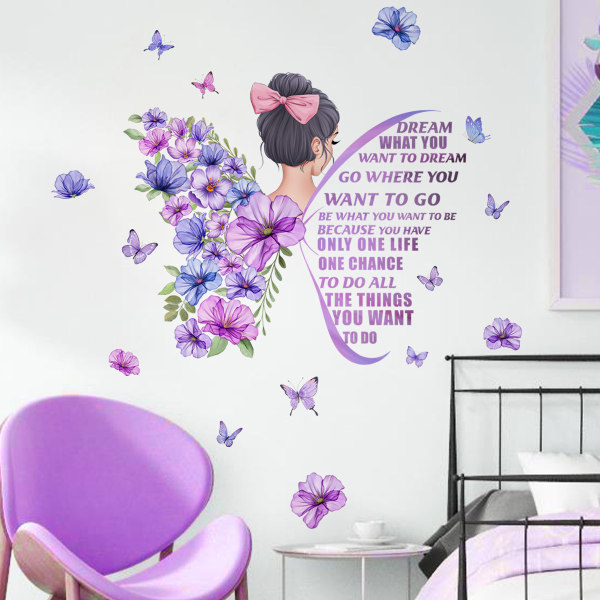 En set väggdekaler flicka blommor fjärilar ord Pretty Deco