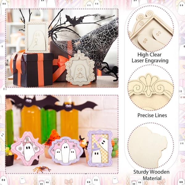 Sæt med 12 Halloween Spøgelses-tema DIY Træfotoramme Stykker – Ferie Dekorative Tilbehør til Børns Håndmalede Håndværk og Samling