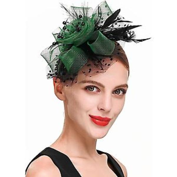 Fascinatorhatt med blommor, nätband och pärlor på ett hårband - Festligt huvudbonad - Armégrön