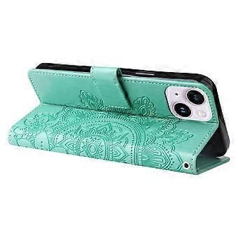 7-blad Blomsterpreget Lærveske til iPhone 15 Green