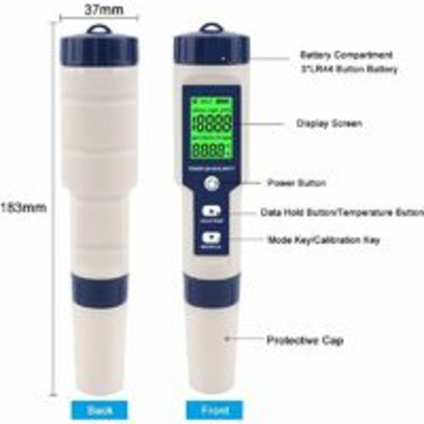 Elektronisk PH Meter Tester, 5 i 1 PH Tester Pocket Thermometer W
