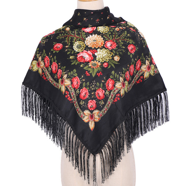 Retro kukkakuvioinen huivi, muslimihuivi painetulla tupsuhuivilla, etninen huivi, 90cm X 90cm, musta Black