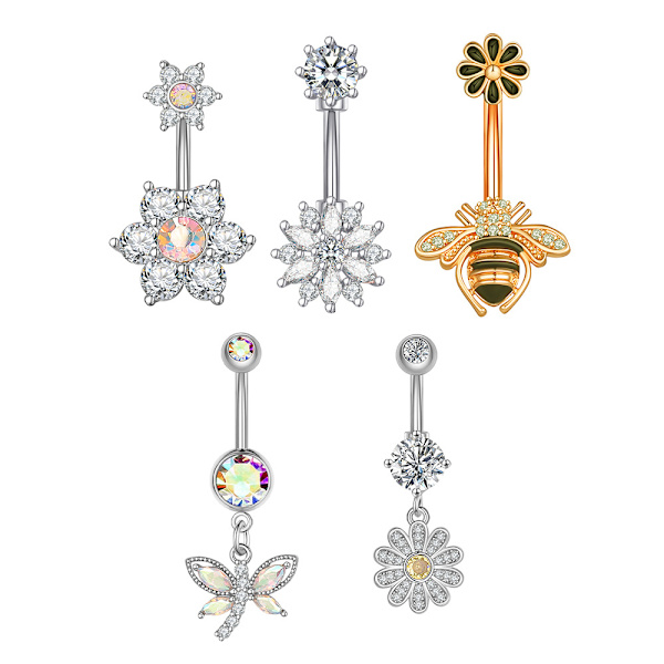 (5st)14G kirurgiska navelringar i stål runda Cubic Zirconia